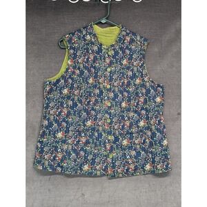 Floral Reversable Quilted Vest Blue Floral Green Corduroy Cottage Wear Plus Size